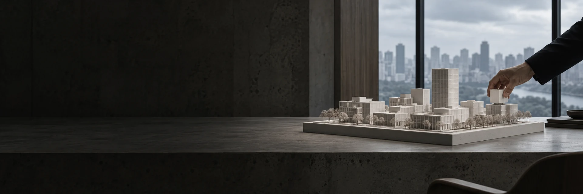 Eine Hand setzt einen Block auf ein weißes Architekturmodell einer Stadt, dahinter eine Skyline im Fenster.